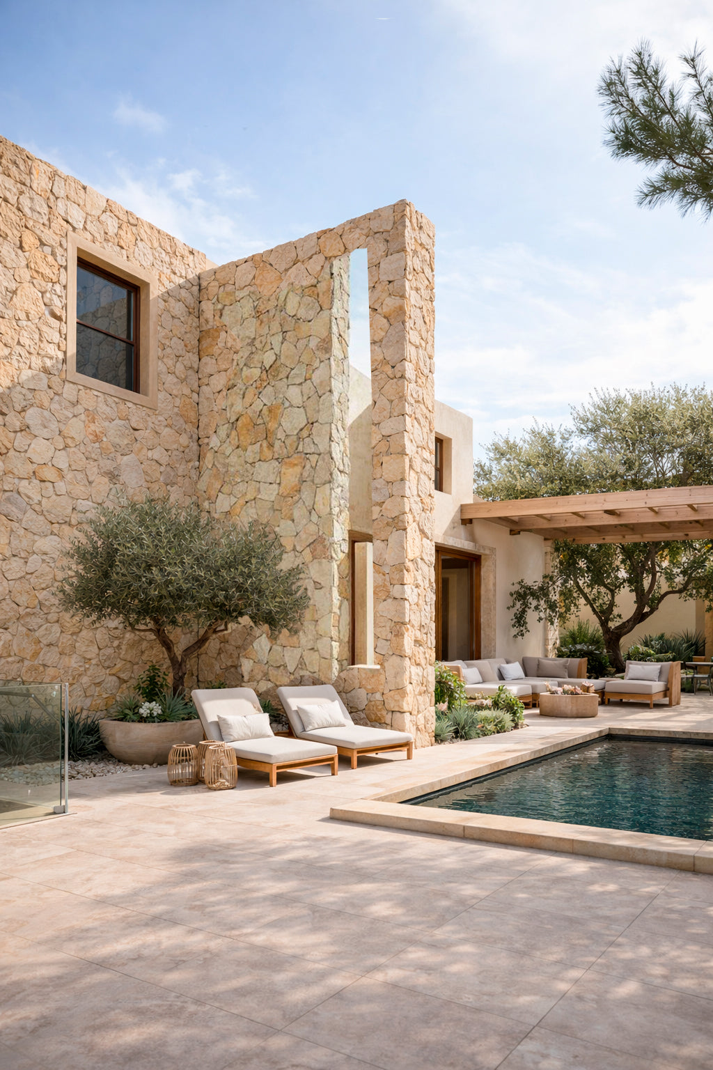 Residencia con alberca revestida con Piedra Dorada Irregular - Piedras Labeta
