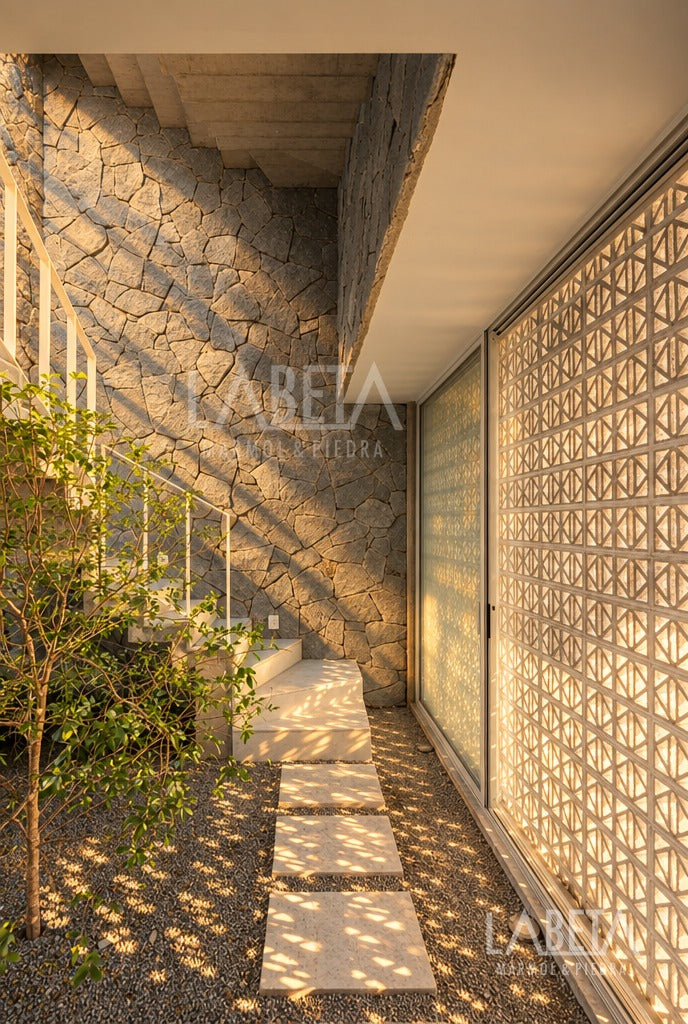 Muro de Piedra Gris Diamantada irregular con sol de tarde — ambientación digital sobre instalación real | Piedras Labeta