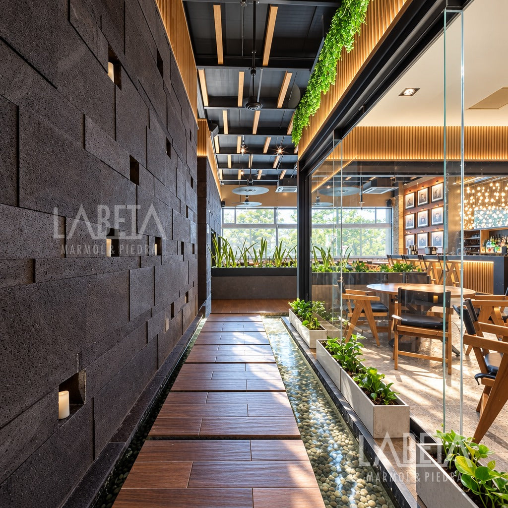 Muro de Recinto Negro Poro Cerrado en restaurante con luz de día — ambientación digital sobre instalación real | Piedras Labeta