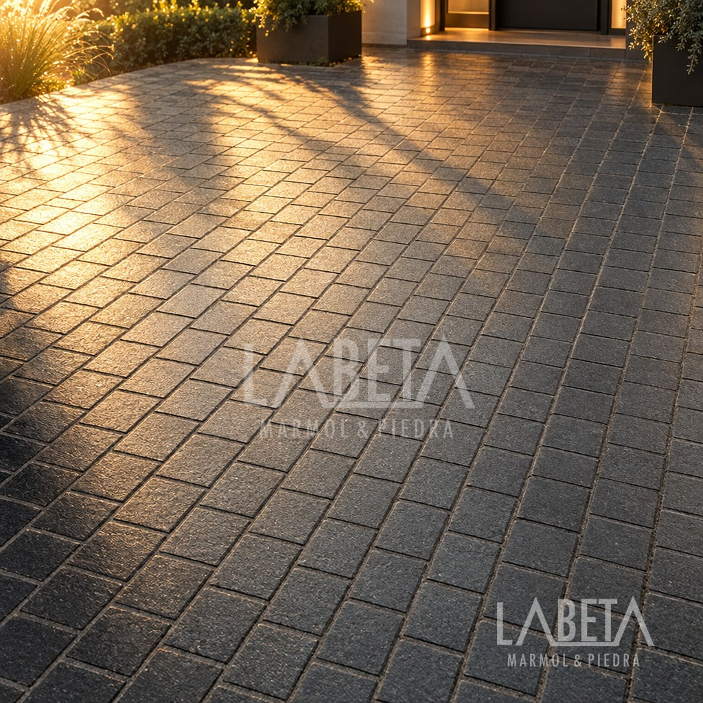Piso de Adoquín Negro Acero con luz dorada de atardecer — ambientación digital sobre instalación real | Piedras Labeta