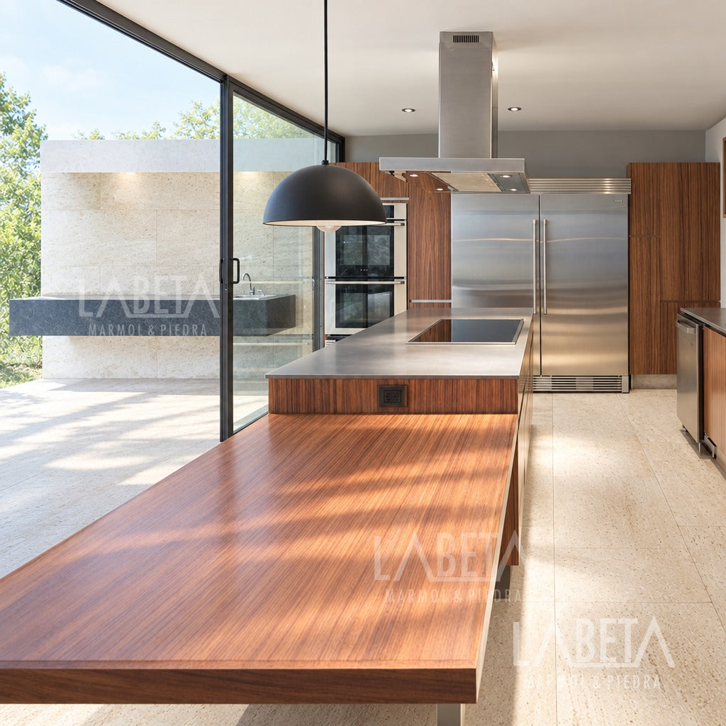 Cocina con piso y muros de Mármol Travertino en luz de mañana — ambientación digital sobre instalación real | Piedras Labeta