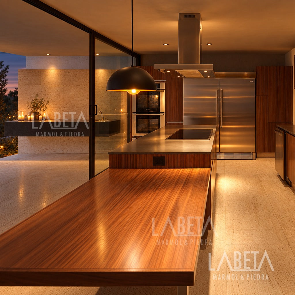Cocina con Mármol Travertino en ambiente cálido de noche — ambientación digital sobre instalación real | Piedras Labeta