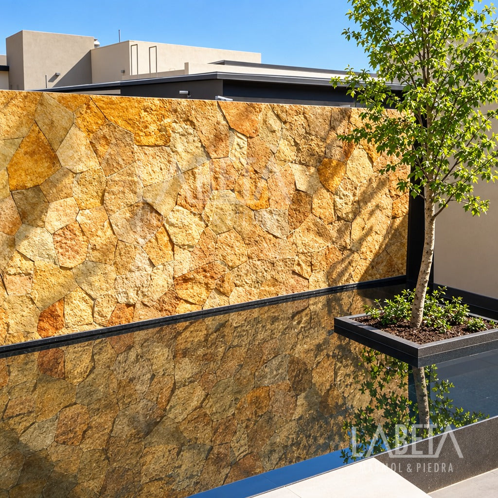 Muro de Piedra Oro Viejo en laja irregular con cielo despejado — ambientación digital sobre instalación real | Piedras Labeta